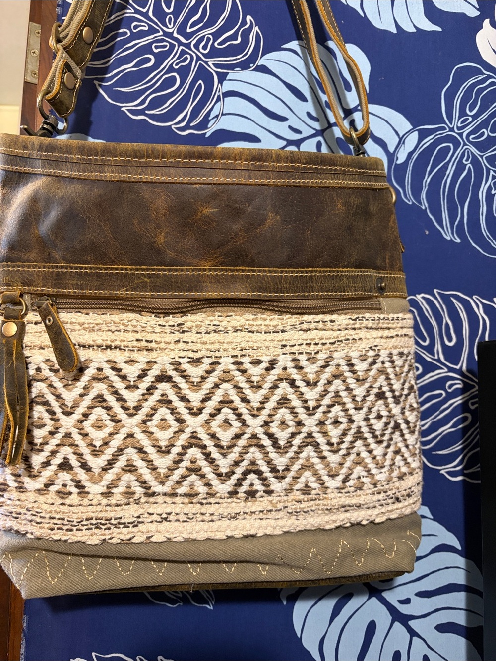 Myra Bag Brown and Cream Boho Crossbody with Woven Crochet Panel